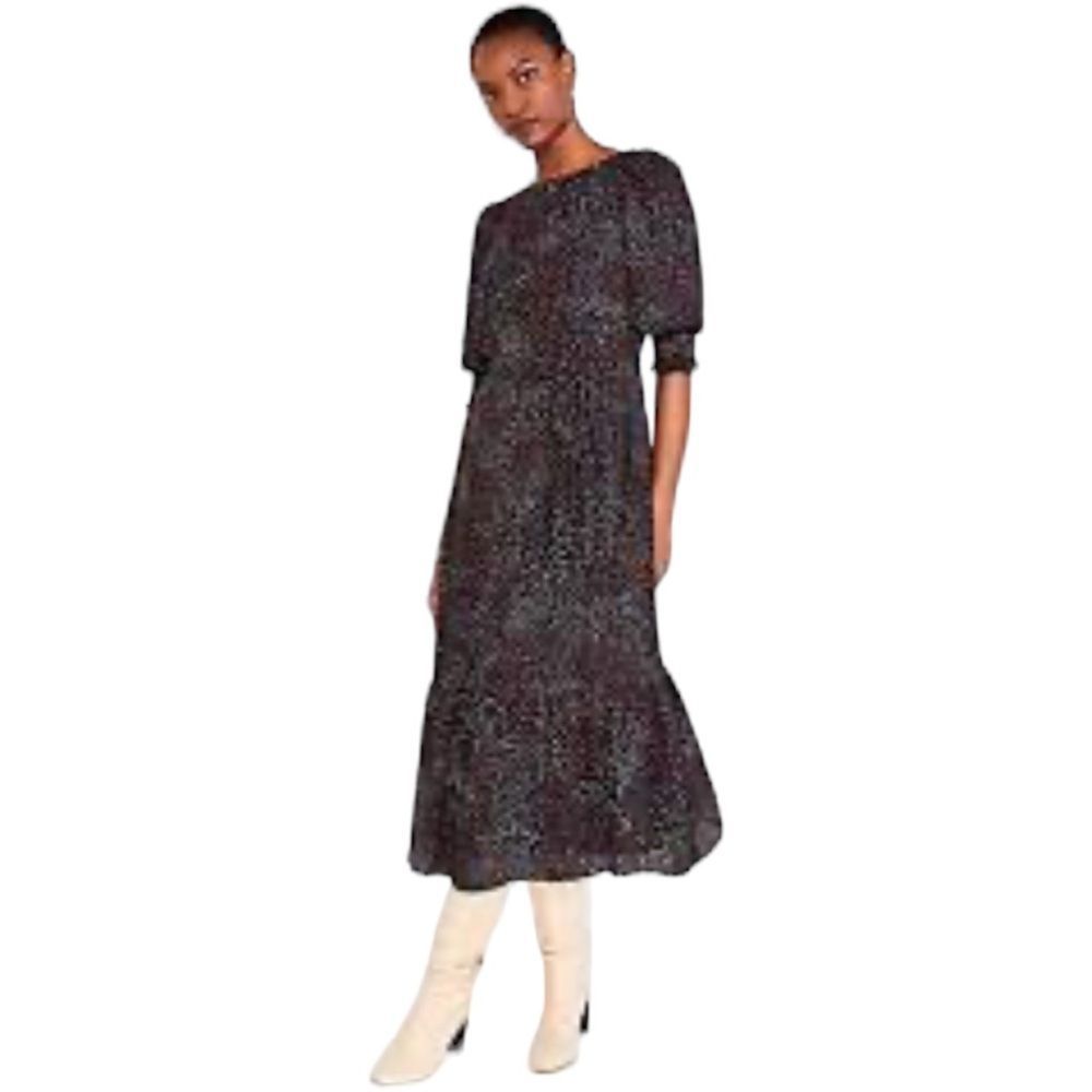 ANN TYLOR NWT PETITE DOT TIE WAIST TIERED MIDI DRESS IN BLACK size Large petite